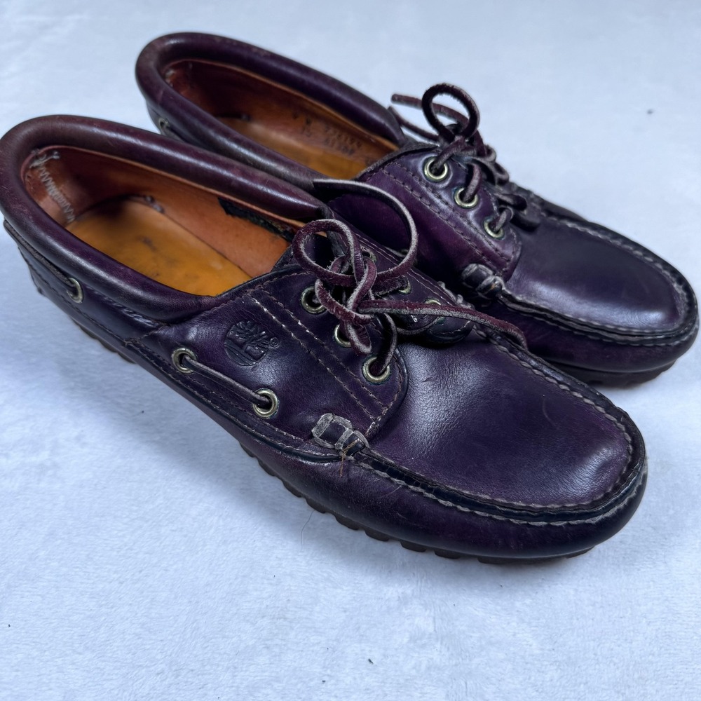 Timberland Boat Shoes Mens Size 9 Burgundy Leather Lug Sole Deck Made USA 736194